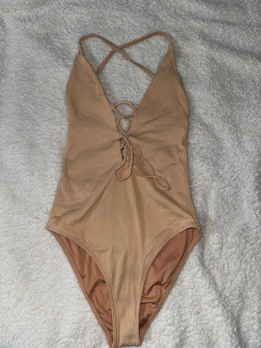 Ribbed Lace-Up One-Piece Swimsuit in Camel